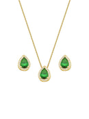 CONJUNTO GOTA CRAVEJADO VERDE ESMERALDA | BANHADO A OURO