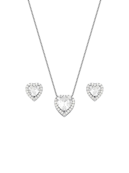 CONJUNTO PONTO DE LUZ CORAÇÃO INCOLOR CRAVEJADO | BANHADO A RÓDIO BRANCO