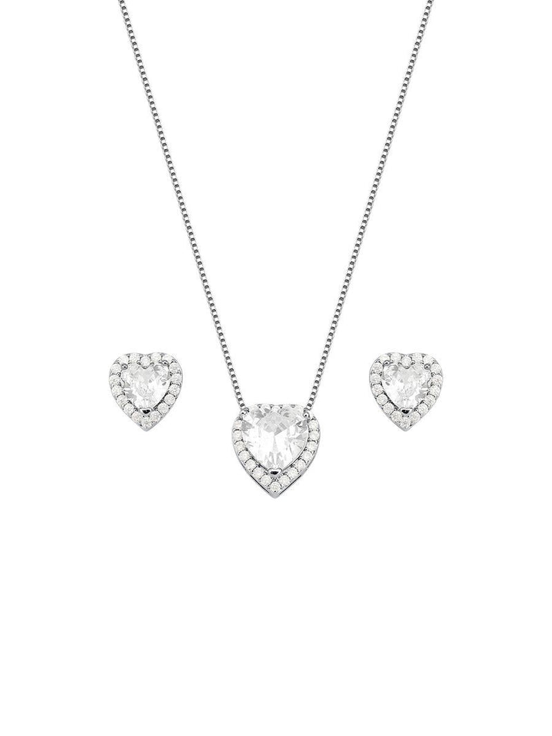 CONJUNTO PONTO DE LUZ CORAÇÃO INCOLOR CRAVEJADO | BANHADO A RÓDIO BRANCO