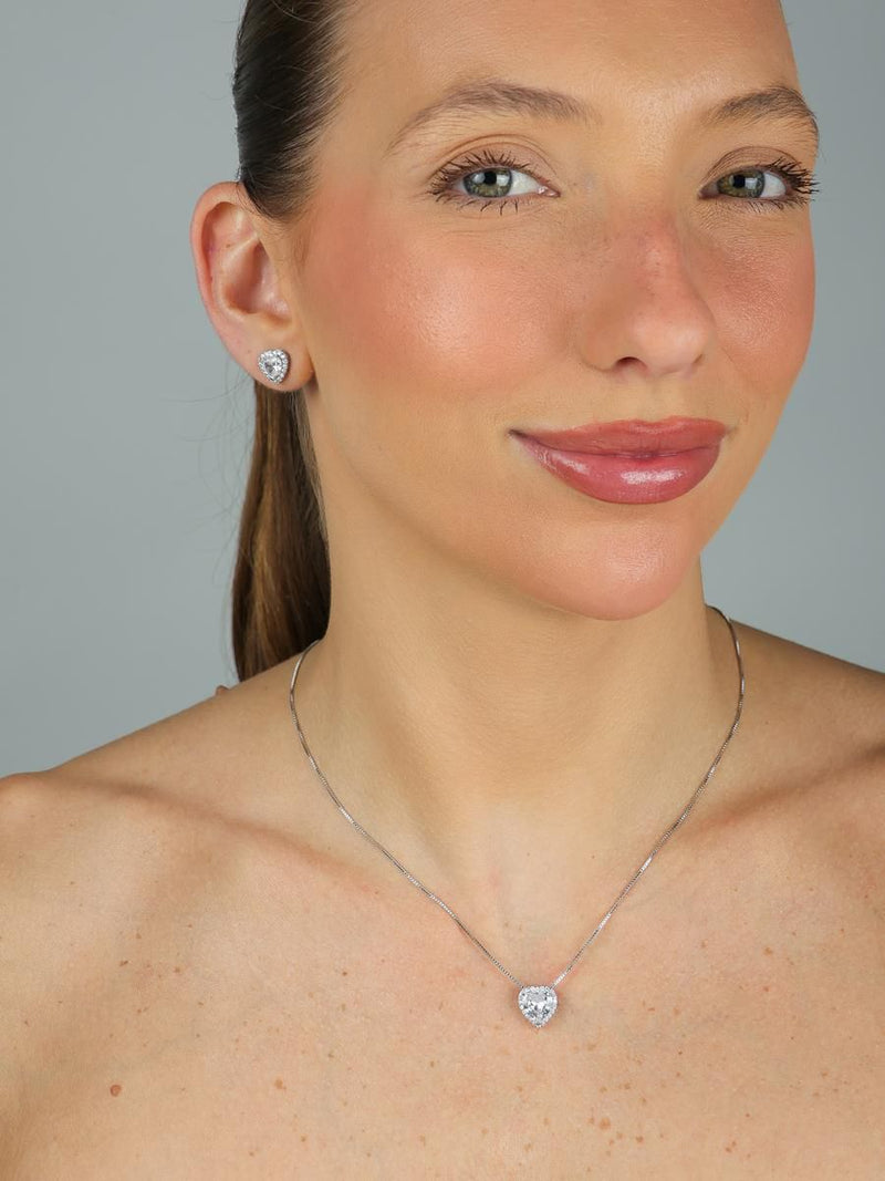 CONJUNTO PONTO DE LUZ CORAÇÃO INCOLOR CRAVEJADO | BANHADO A RÓDIO BRANCO